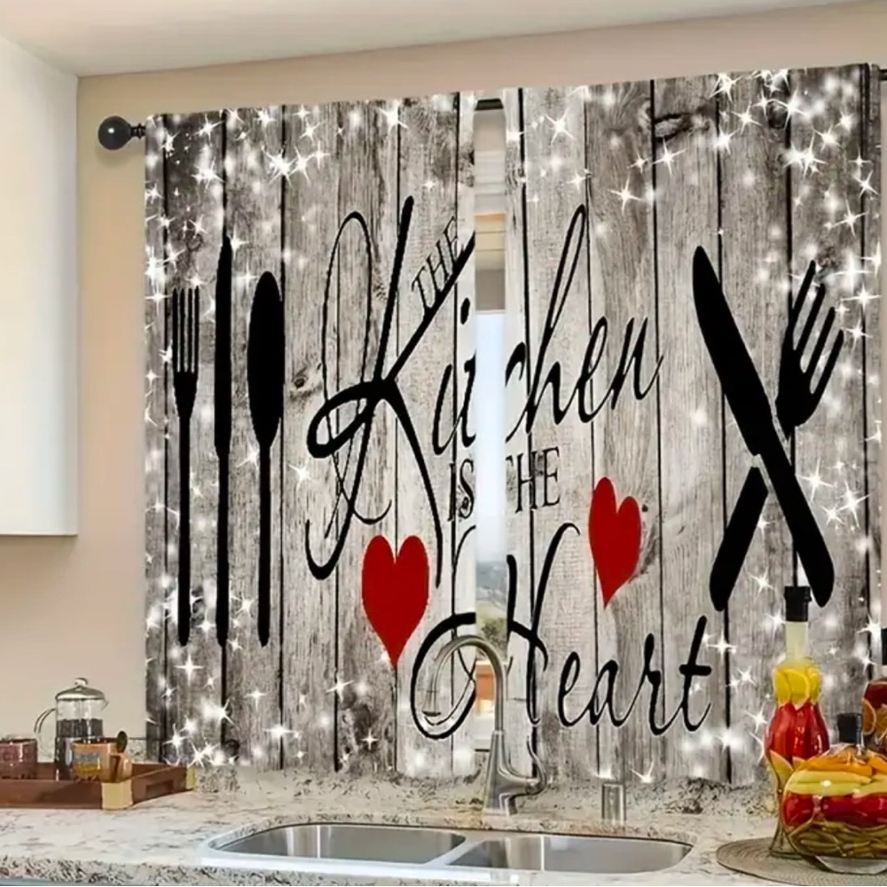 Kitchen Heart Curtains with Red and Black Design